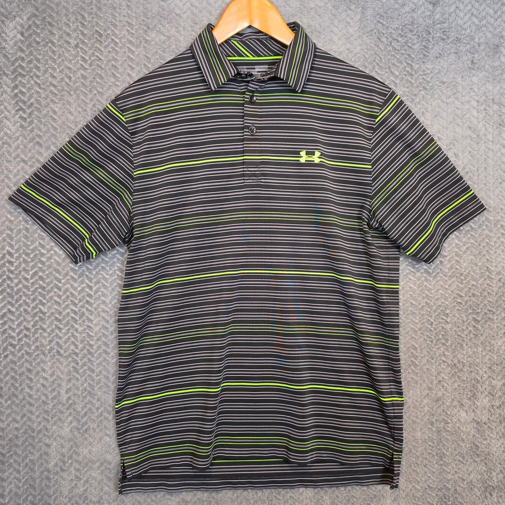Under Armour Mens HeatGear Polo Shirt Black Lime Green Striped 1239074 Medium
